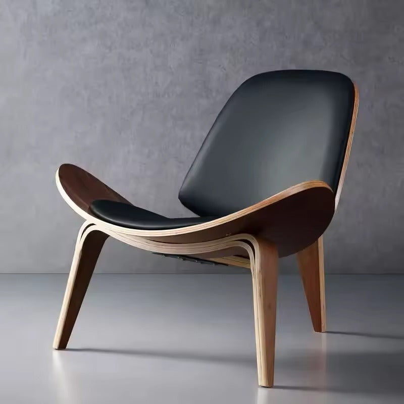 Modern Shell Lounge Chair - Curved Wood Frame with Black Leather Seat