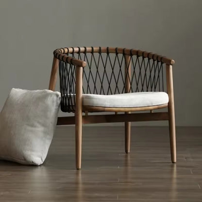 Modern Rope Lounge Chair - Solid Wood Frame with Woven Backrest & Cushioned Seat