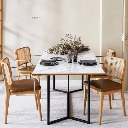 Modern Rattan Dining Chair - Wooden Frame with Woven Cane Backrest & Leather Seat