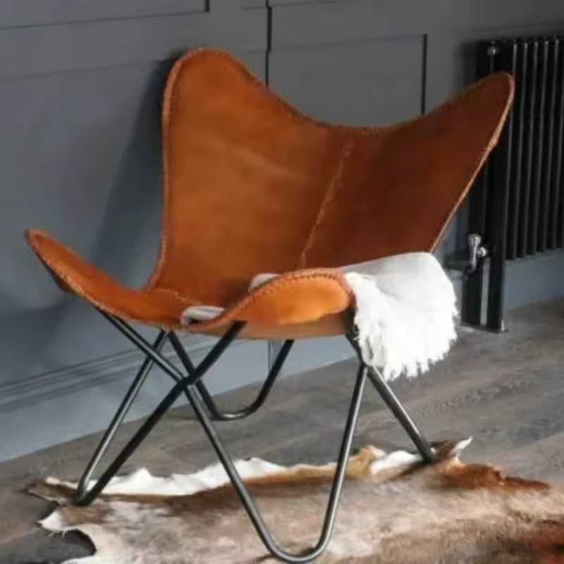 Vintage Leather Butterfly Chair - Handcrafted Leather Seat with Metal Frame