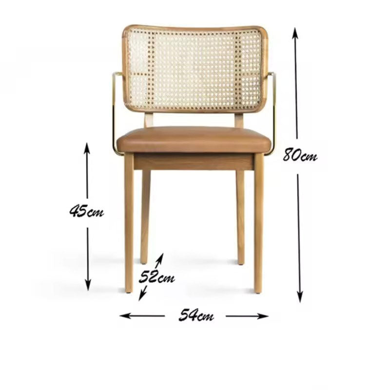 Modern Rattan Dining Chair - Wooden Frame with Woven Cane Backrest & Leather Seat