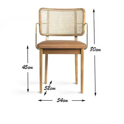 Modern Rattan Dining Chair - Wooden Frame with Woven Cane Backrest & Leather Seat