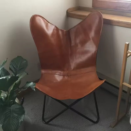 Vintage Leather Butterfly Chair - Handcrafted Leather Seat with Metal Frame