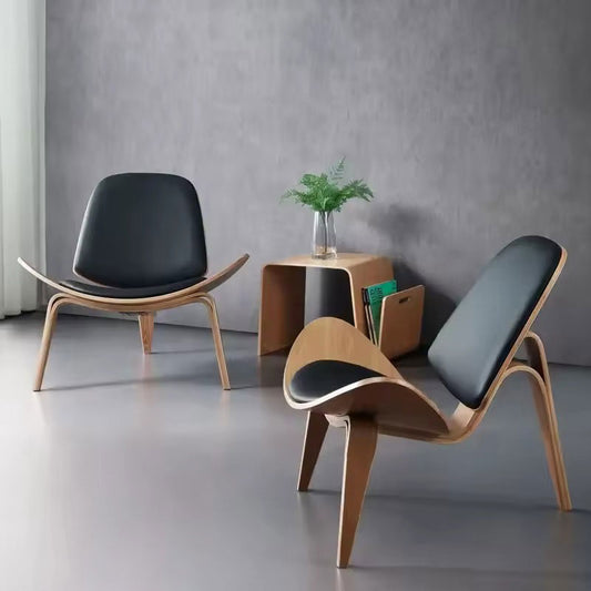 Modern Shell Lounge Chair - Curved Wood Frame with Black Leather Seat