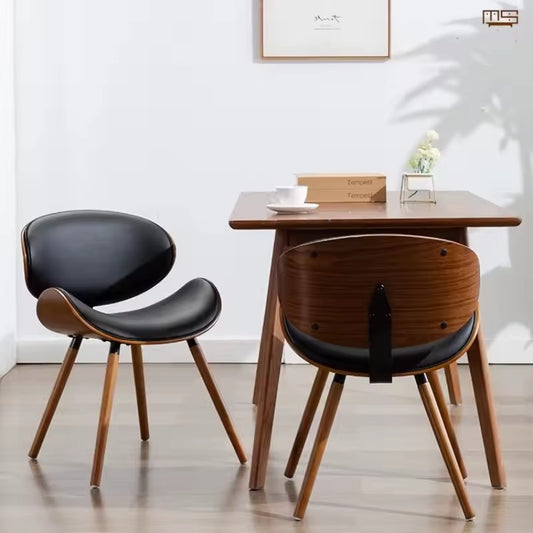 Modern Scandinavian Accent Chair - Curved Wooden Frame with Black Leather Seat